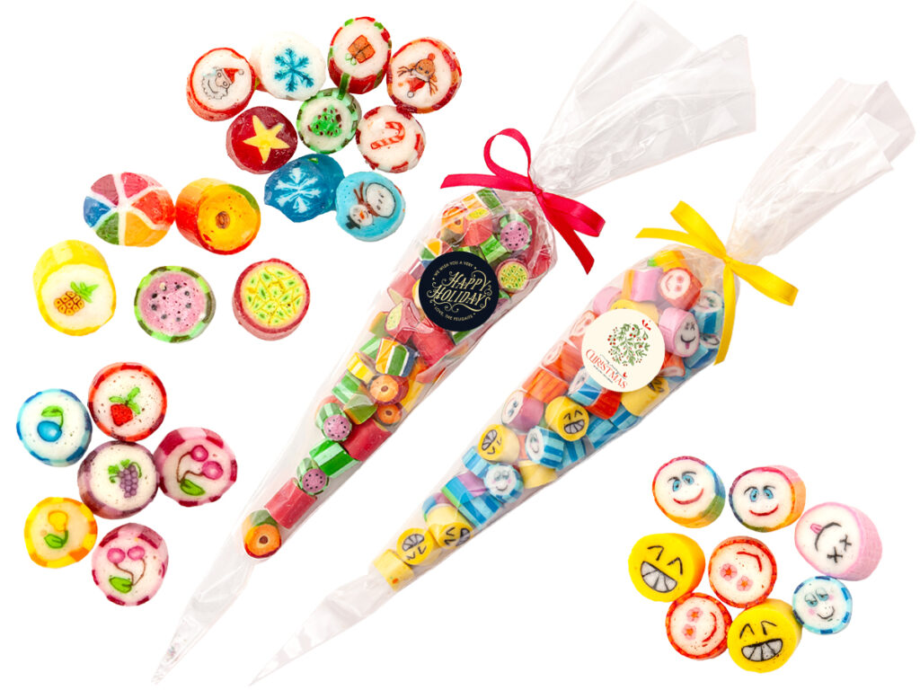 Upominek firmowy – cukierki Roxy w kształcie emotek lub owoców w ozdobnym rożku