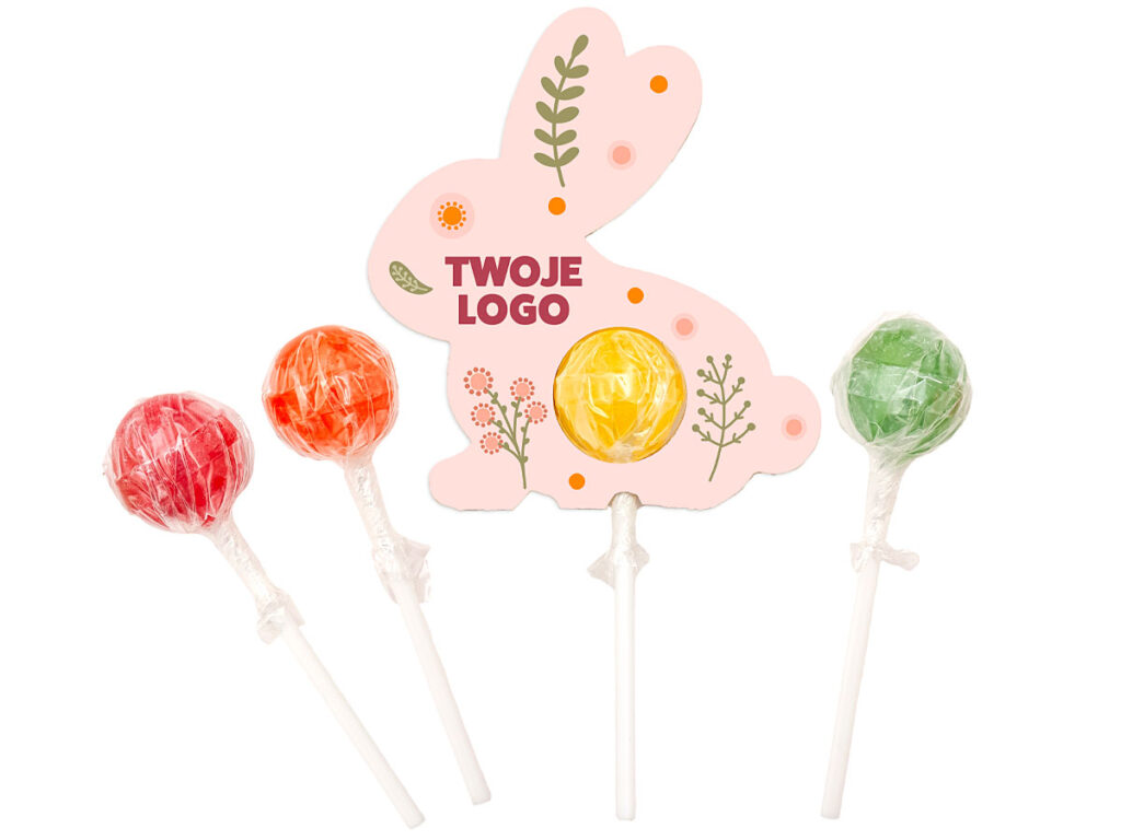 Kolorowy lizak królik w kartonowym opakowaniu z logo firmy