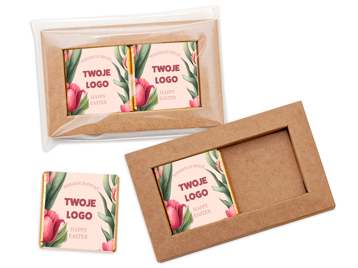 Dwie czekoladki belgijskie zapakowane w przezroczystą folię z firmowym logo