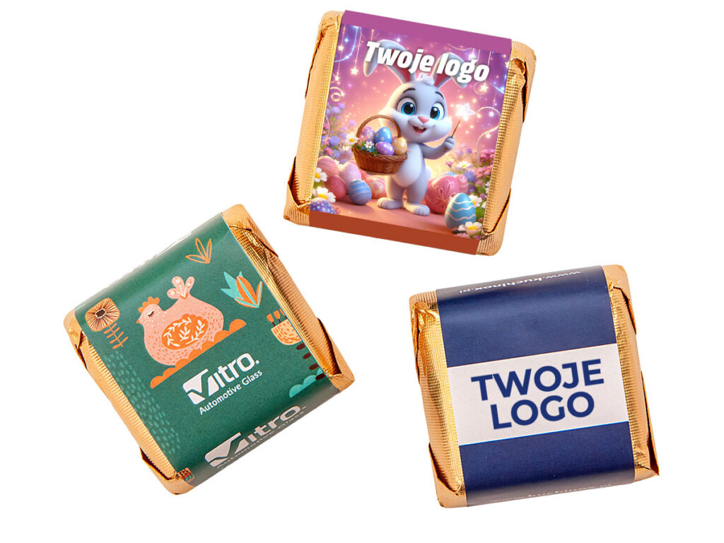 Czekoladki z tłoczonym logo i nadrukiem reklamowym na złotej folii