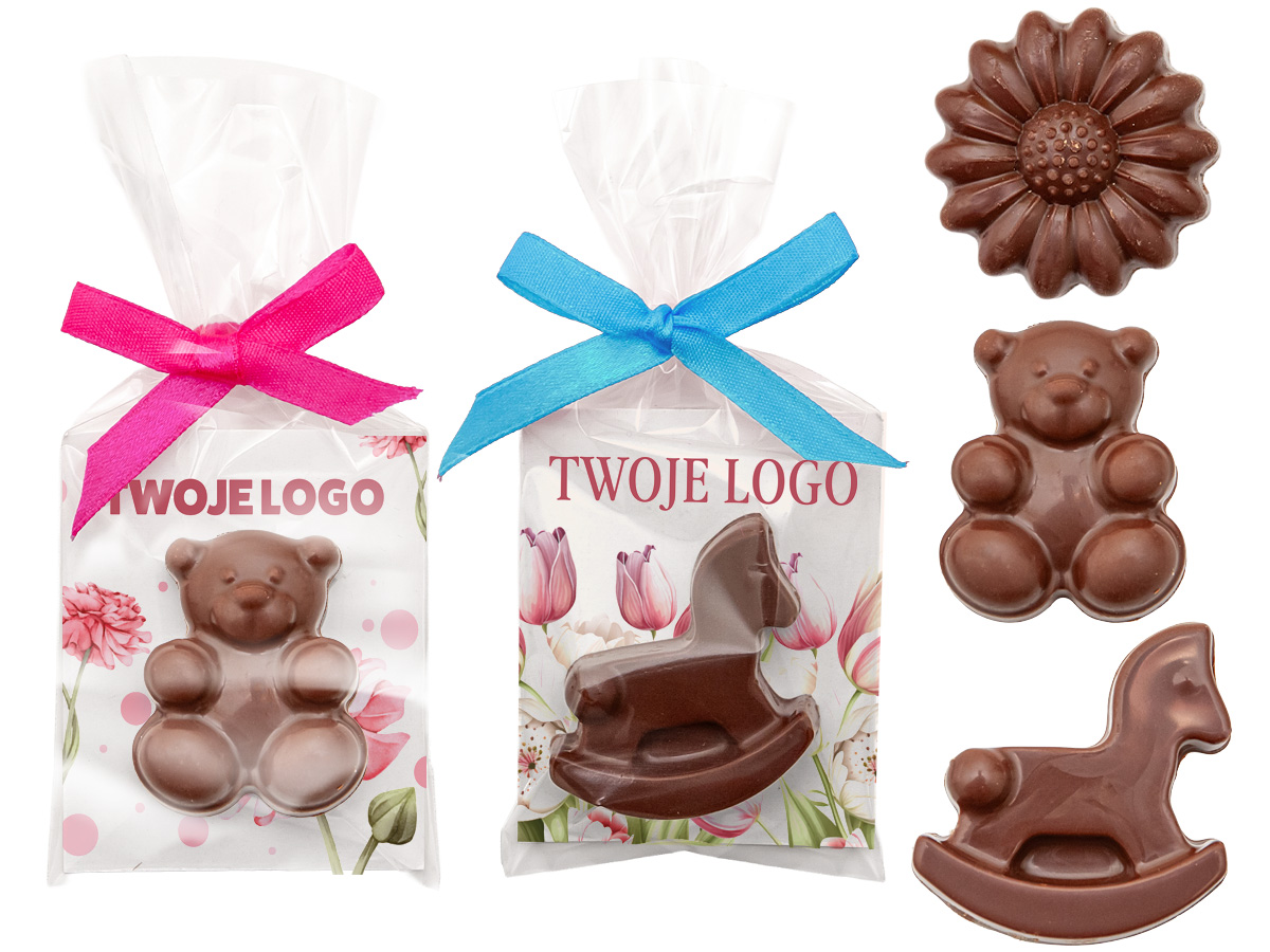 Czekoladki w kształcie choinki z personalizowanym nadrukiem.