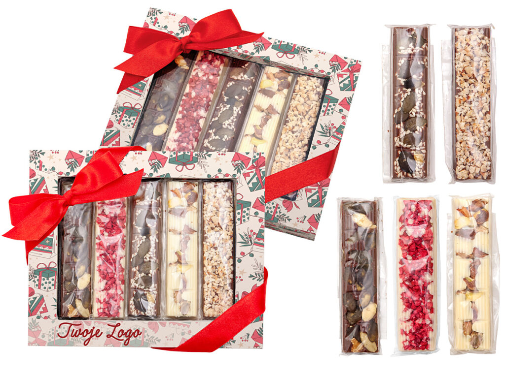 Baton z białej czekolady z liofilizowaną maliną z nadrukiem logo klienta