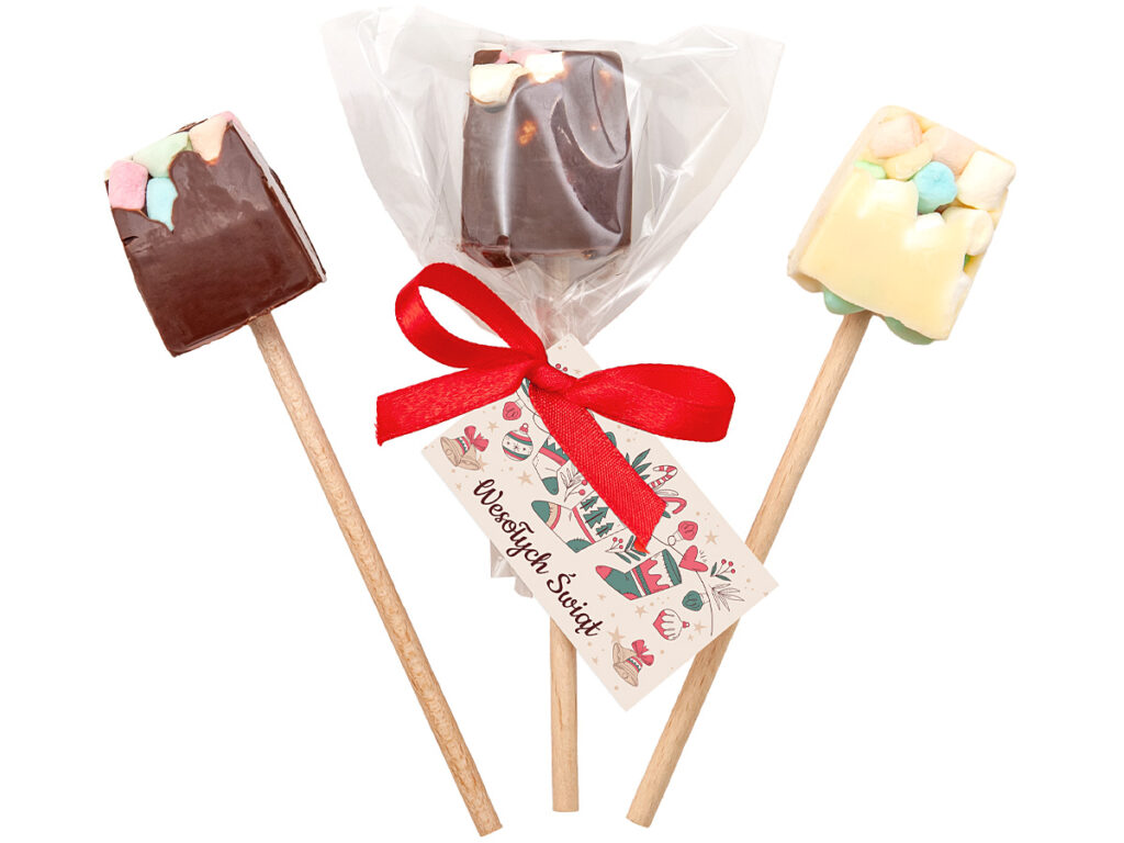 Upominek firmowy czekolada na patyku z logo na karnetach i personalizowanym nadrukiem reklamowym