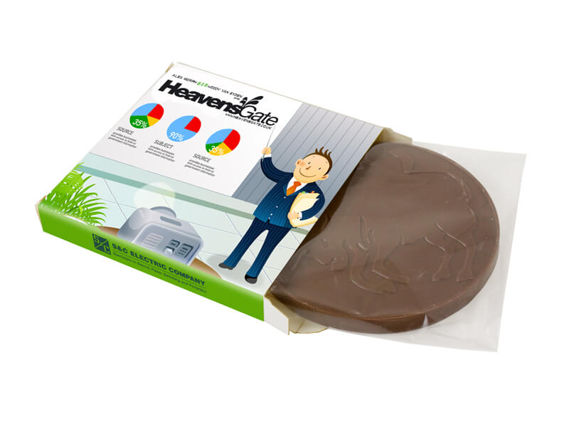 Ekskluzywny medal z czekolady w okrągłym opakowaniu z tłoczonym logo firmy