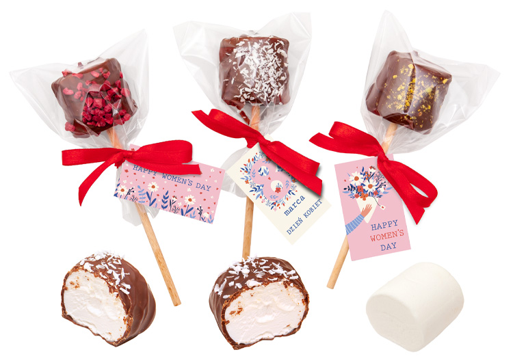 Pianka w czekoladzie zapakowana w przezroczystą torebkę z logo klienta