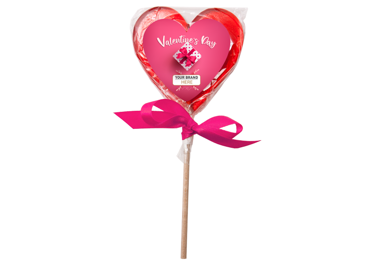 Duży lizak serce owocowy z personalizowaną etykietą i kokardką z logo firmy
