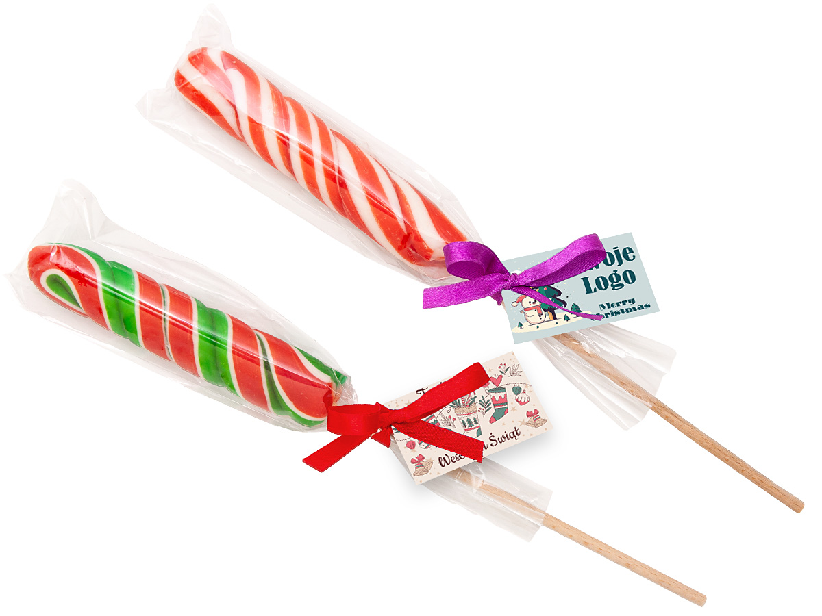 Lizak reklamowy w ozdobnej torebce z wstążką i nadrukiem