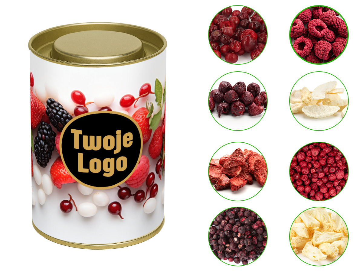Naturalne owoce liofilizowane w tubie z logo firmy