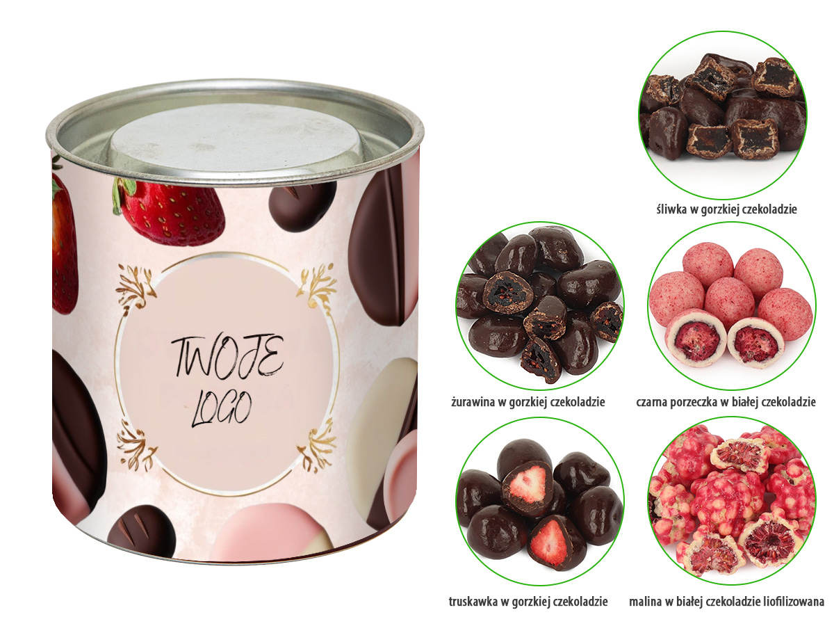 Owoce w czekoladzie z różnymi smakami w tubie z etykietą reklamową i logo firmy
