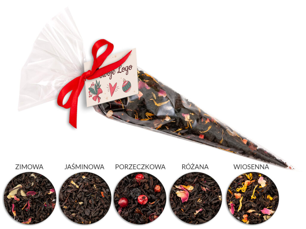 Upominek firmowy – aromatyczna herbata w rożku z satynową kokardą i logo firmy