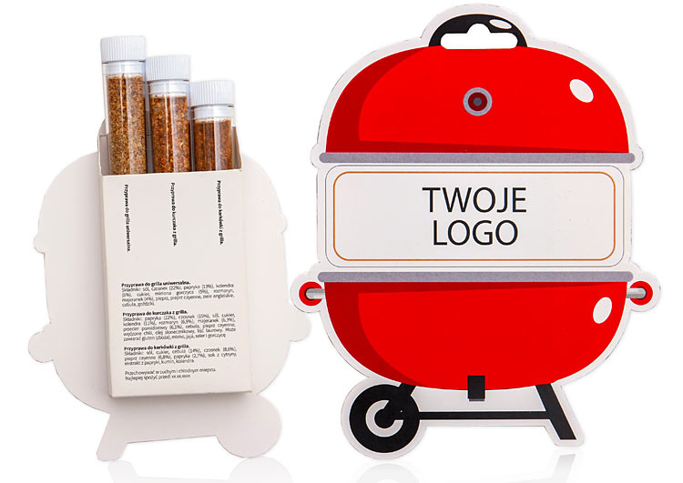 Zestaw 3 przypraw grillowych w przezroczystych fiolkach z nadrukiem reklamowym