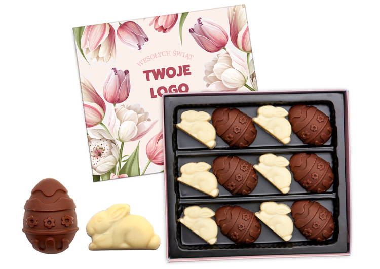 Personalizowany zestaw czekoladek w ozdobnym opakowaniu z firmowym logo