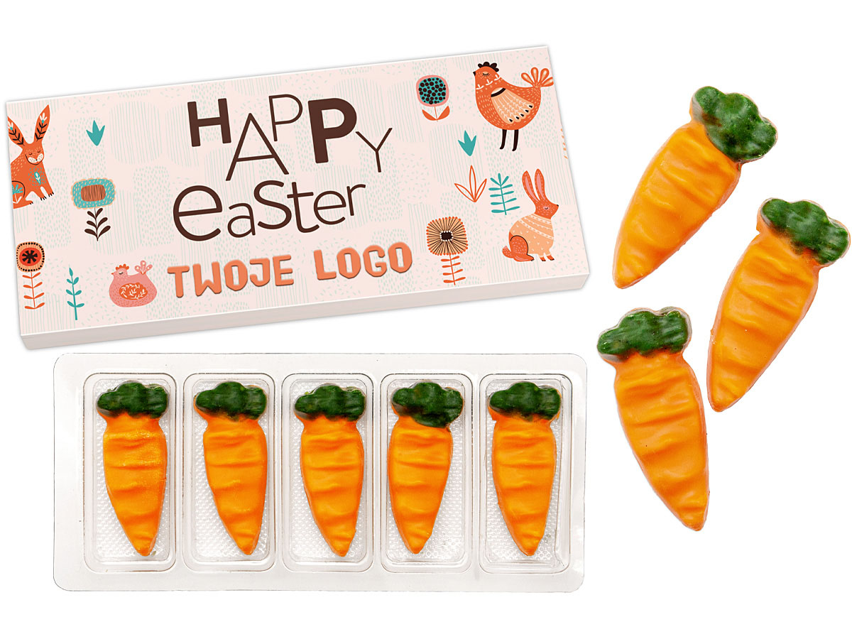 Personalizowane czekoladowe marchewki w kolorowym pudełku z logo klienta