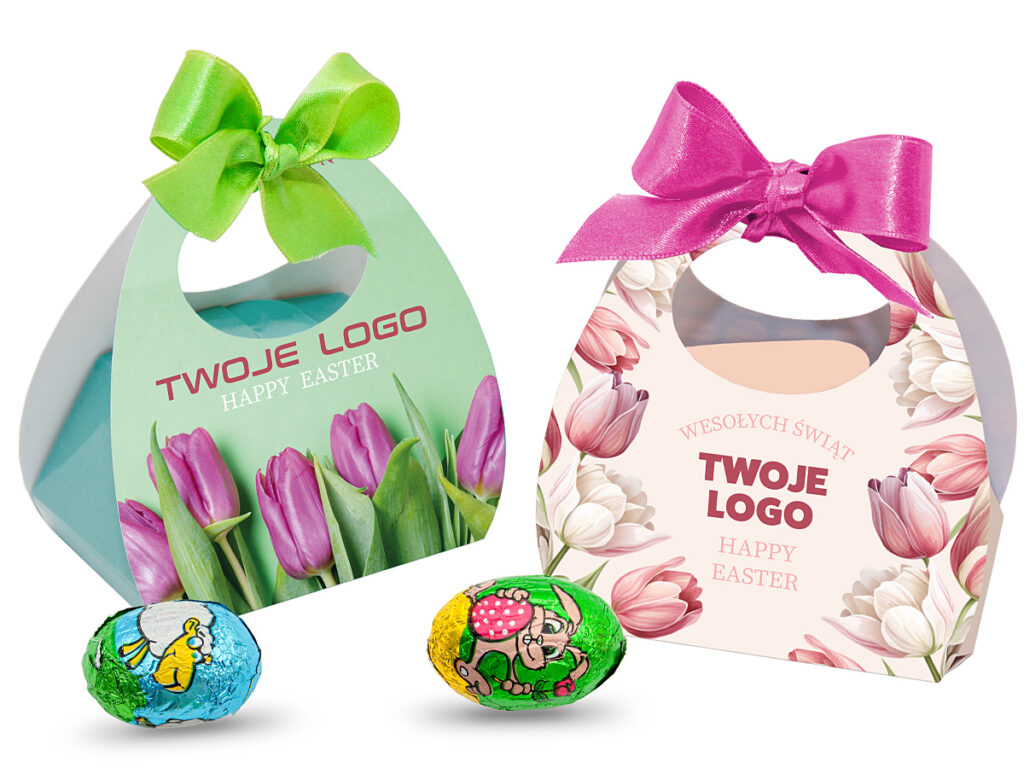 Wielkanocny upominek firmowy – koszyczek z jajeczkami i kokardą