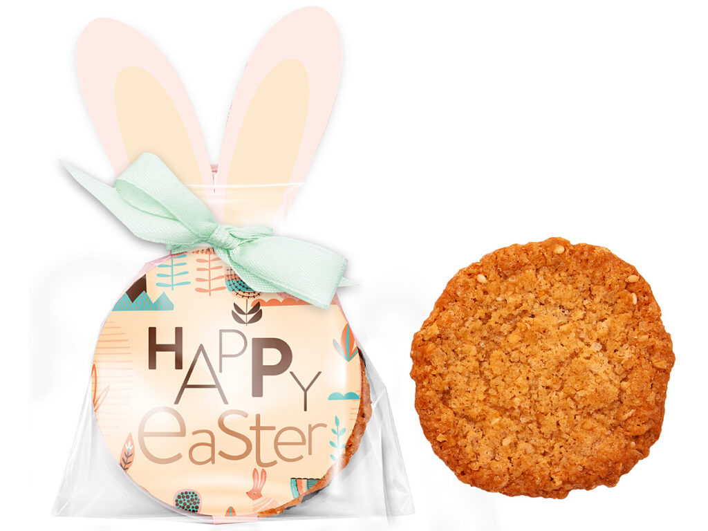 Personalizowane ciastka owsiane pakowane w kartonik królik z firmowym logo