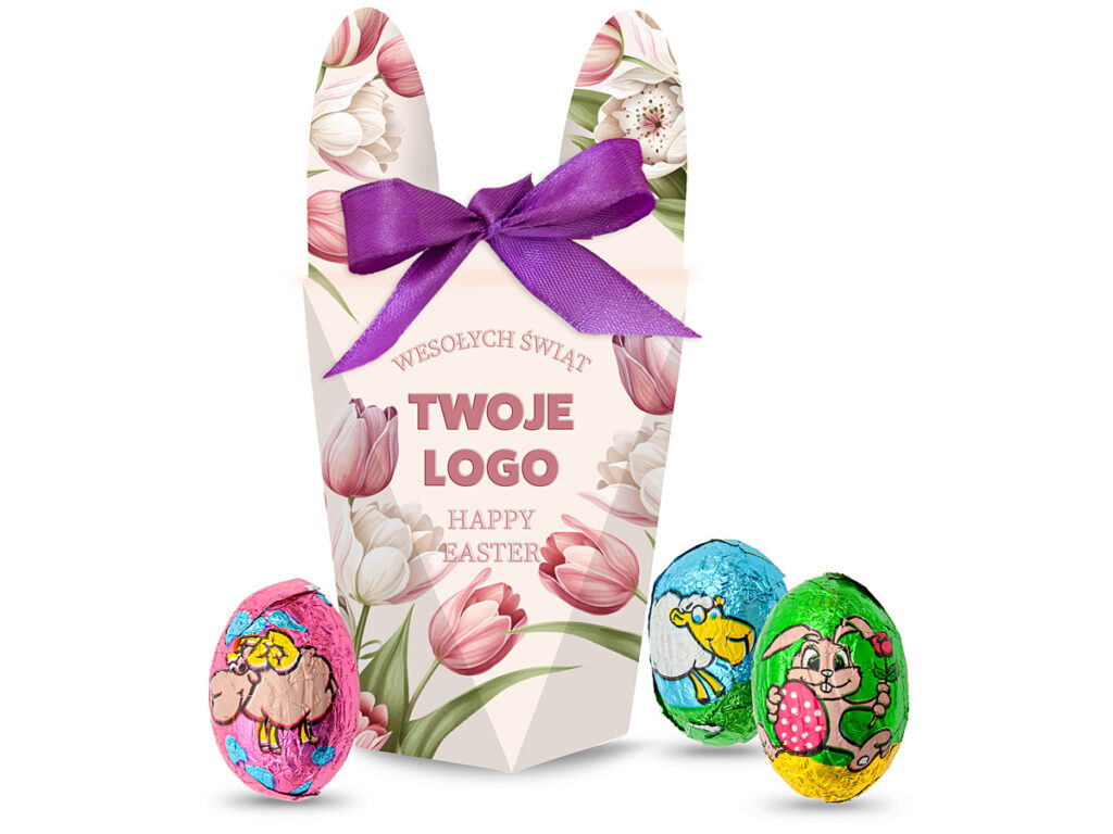 Czekoladowe jajeczka w folii aluminiowej zapakowane w pudełko z firmowym nadrukiem
