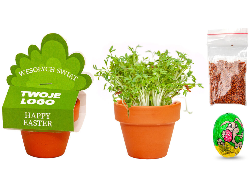 Wielkanocny upominek z doniczką, nasionami i czekoladą z nadrukiem firmy