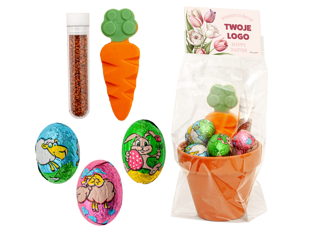 Doniczka z mixem czekoladek i firmowym nadrukiem na zawieszce