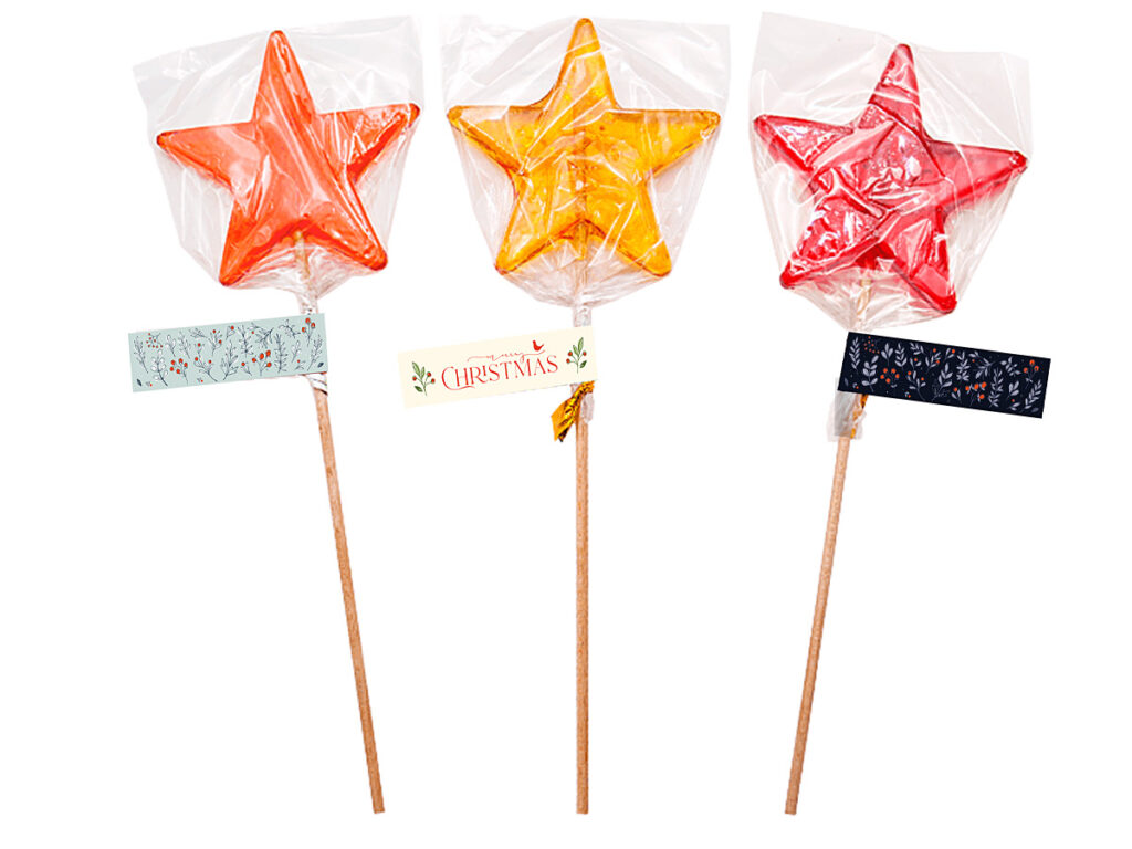 Lizak w kształcie gwiazdki na drewnianym patyczku z chorągiewką z nadrukiem reklamowym