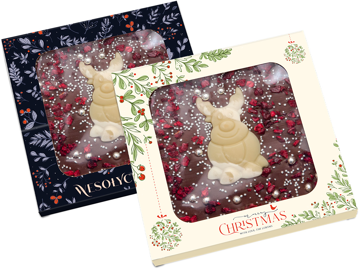 Świąteczna czekolada z reniferem w kartonowym pudełku z okienkiem i nadrukiem reklamowym