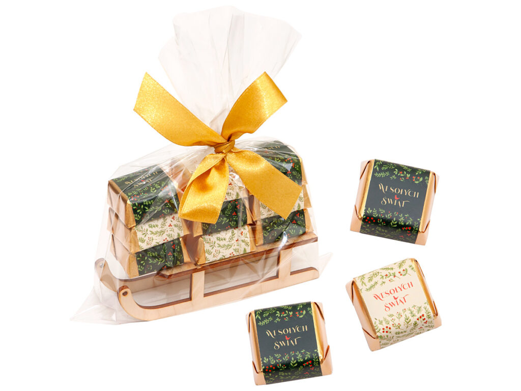 Reklamowy zestaw bożonarodzeniowy Sanki z Klasą – czekoladki z nadrukiem firmowym