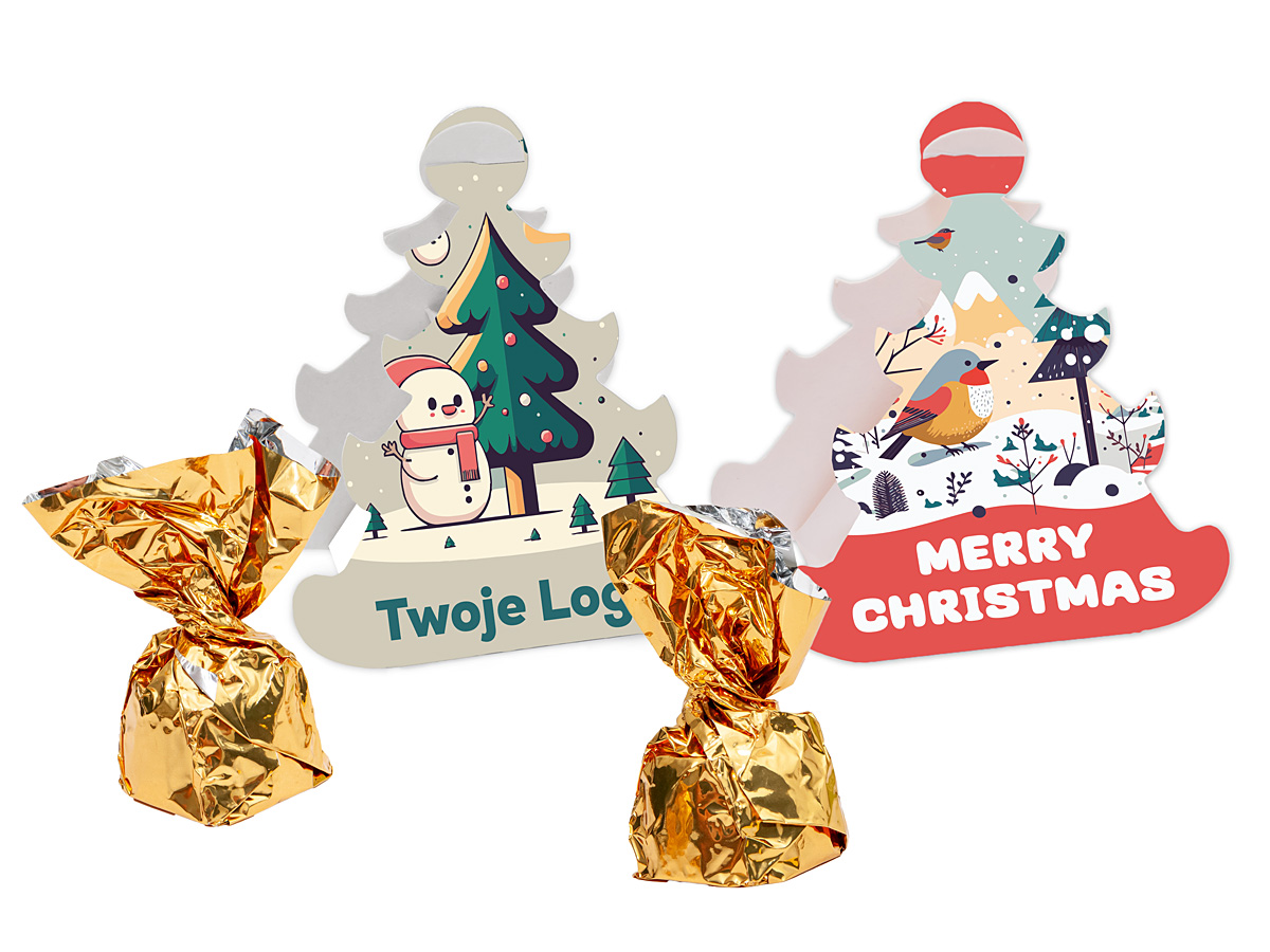 Firmowy prezent świąteczny – czekoladki pakowane w kartonowe choinki z personalizowanym nadrukiem