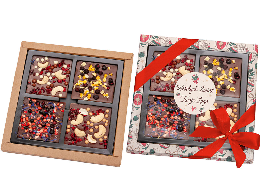 Ekskluzywne praliny na czarnej wyprasce w kartonowym pudełku z nadrukiem reklamowym