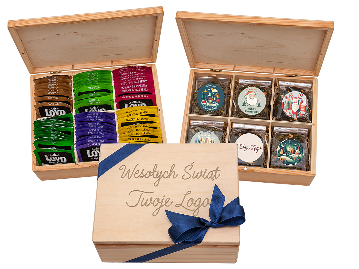 Zestaw herbat w saszetkach reklamowych z logo firmy i kolorową wstążką