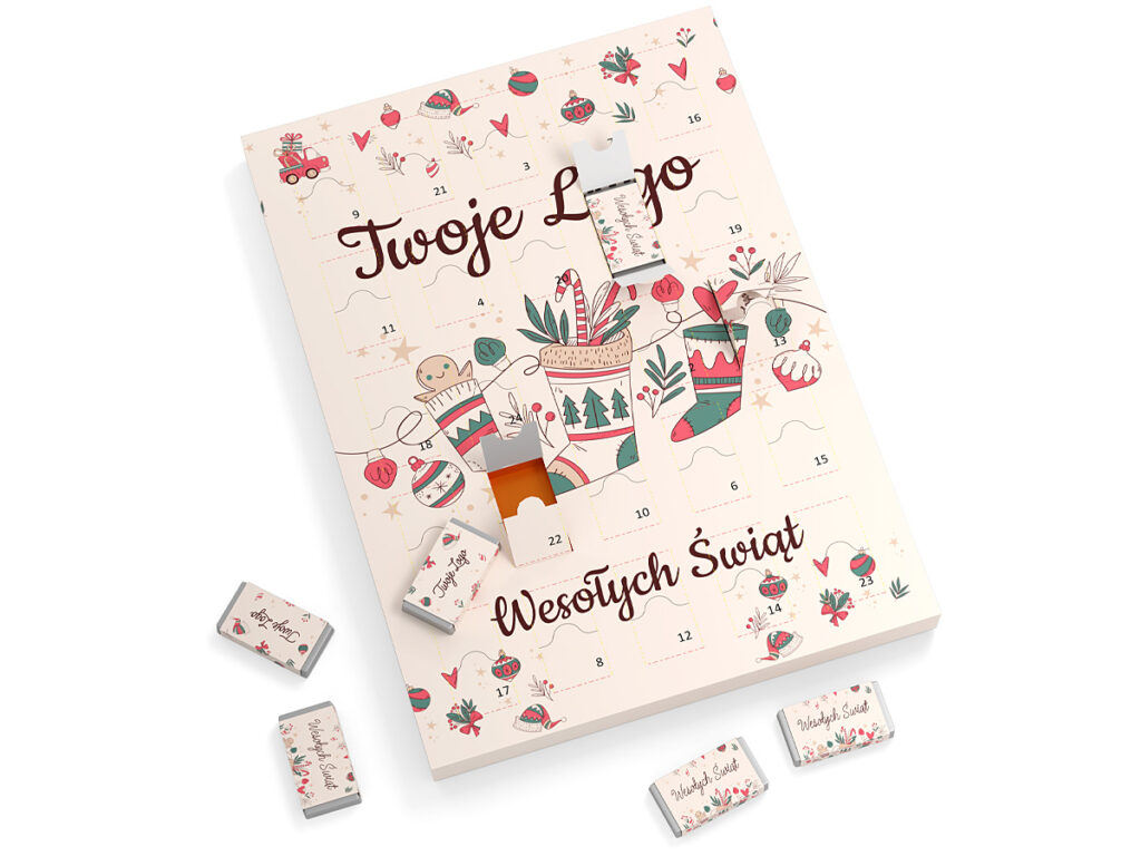 Personalizowany kalendarz adwentowy z neapolitankami w srebrnym laminacie