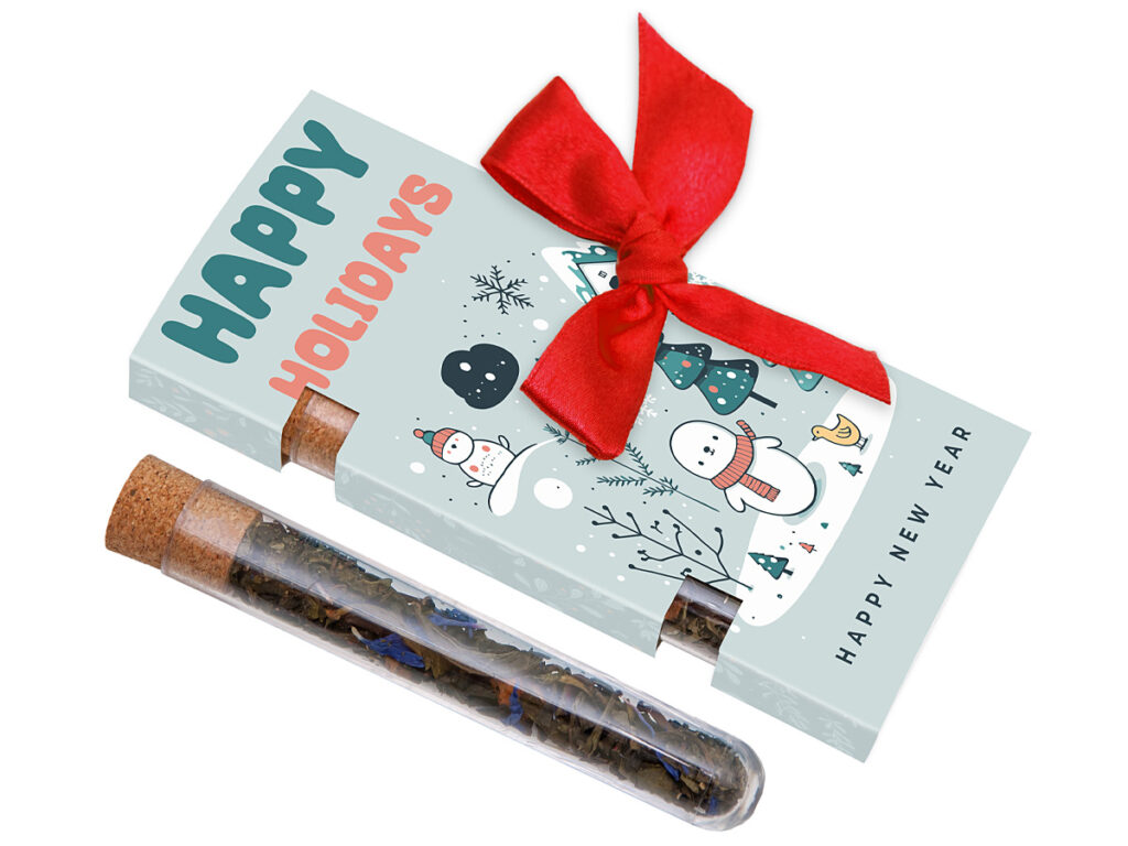 Upominek firmowy – zestaw herbaciany z kolorową wstążką i nadrukiem reklamowym