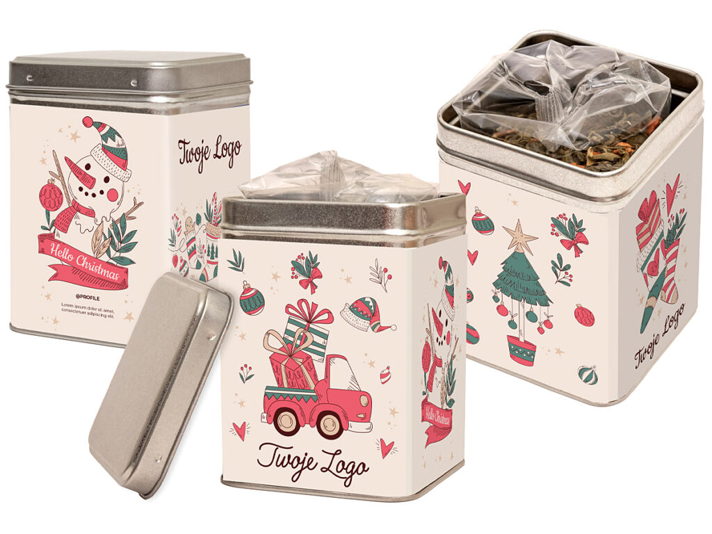 Upominek firmowy – puszka z herbatą czerwoną, zieloną i owocową z logo klienta