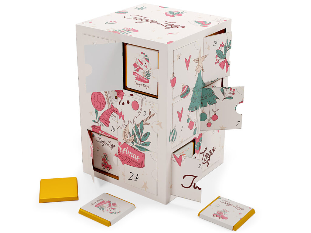Ekskluzywny kalendarz adwentowy czekoladkami w personalizowanym opakowaniu reklamowym
