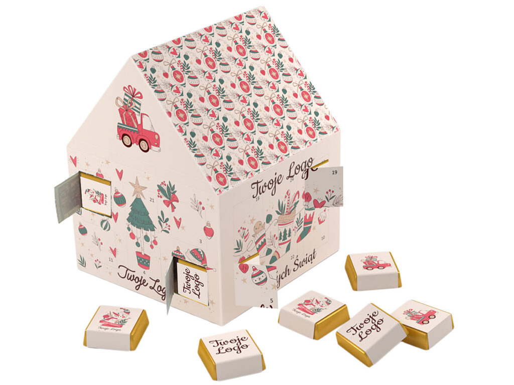 Kalendarz adwentowy w kształcie domku z tłoczonymi logotypami firmy