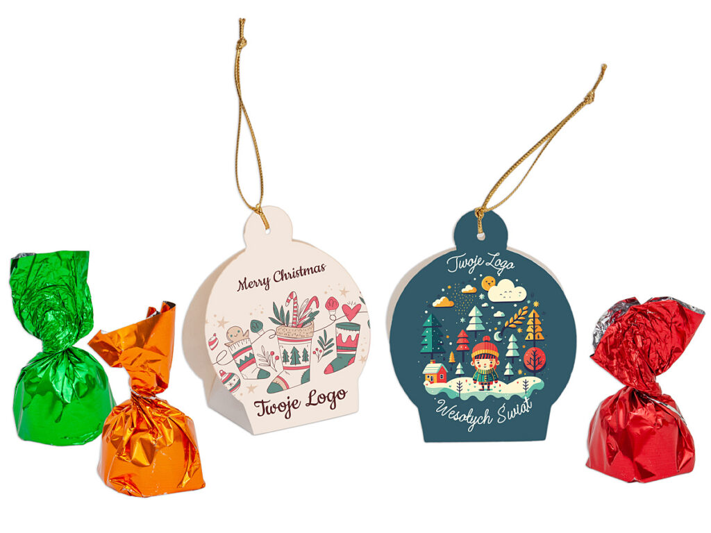 Świąteczny upominek reklamowy – bombka z czekoladką i logo firmy