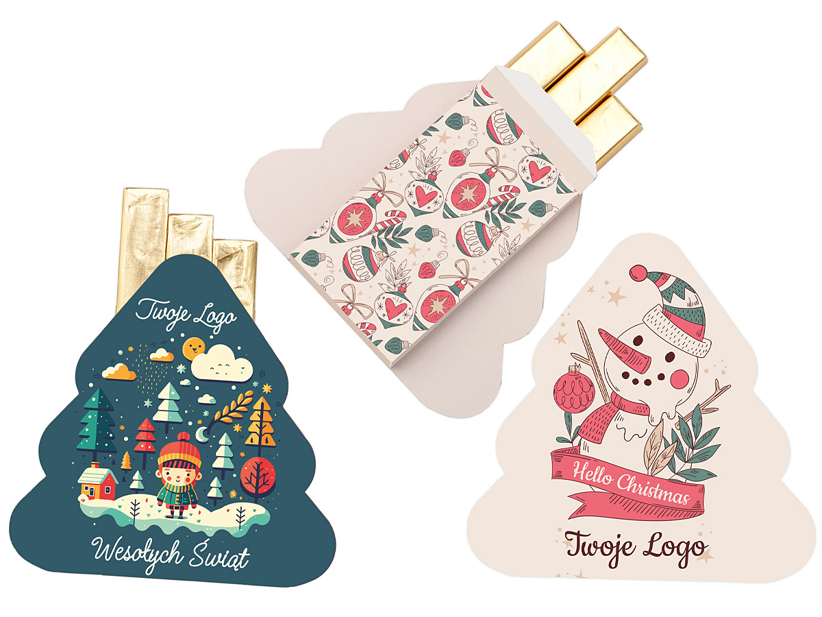 Elegancki zestaw czekoladek w kształcie choinki z firmowym nadrukiem