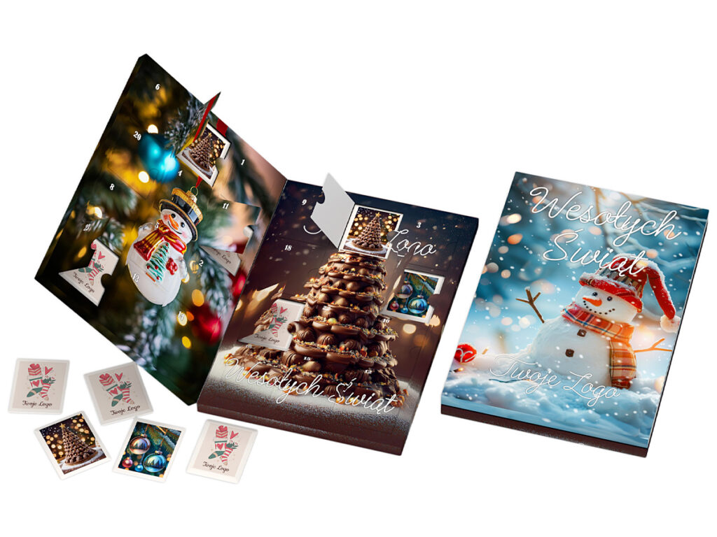 Personalizowany kalendarz adwentowy z herbatami, opakowany w kartonowe pudełko