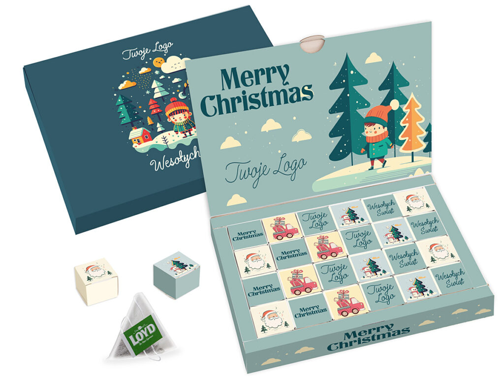 Herbaciany Magic Box – kalendarz adwentowy z 24 herbatkami w sześciennych pudełeczkach z nadrukiem reklamowym