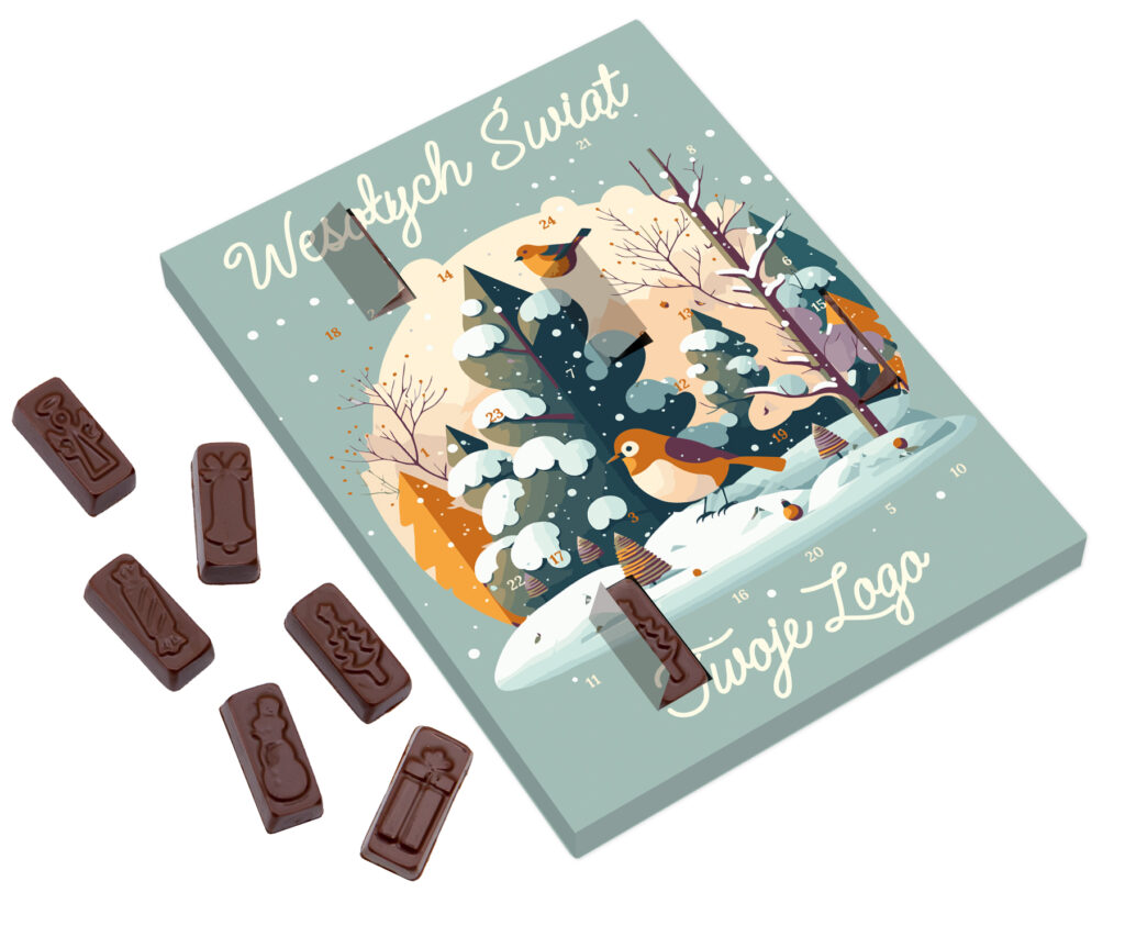 Upominek firmowy – kalendarz adwentowy z 24 czekoladkami w eleganckim opakowaniu