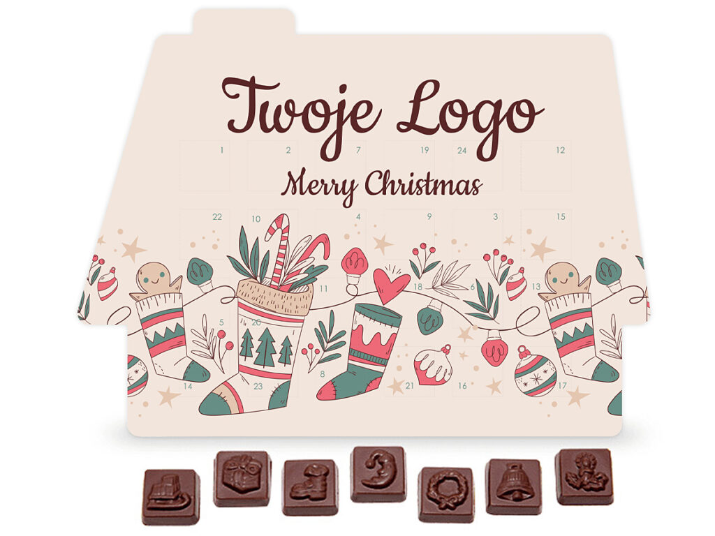 Personalizowany kalendarz adwentowy w kształcie domku z piernika z nadrukiem reklamowym