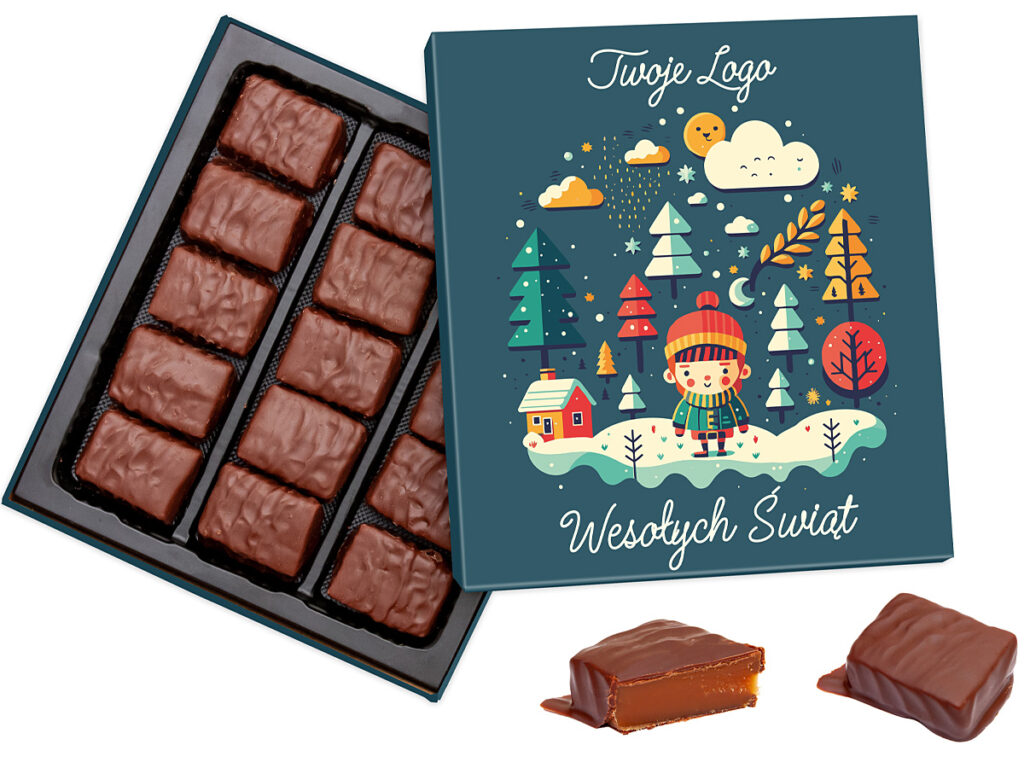 Zestaw 15 krówek zatopionych w czekoladzie w ozdobnym pudełku firmowym z możliwością personalizacji