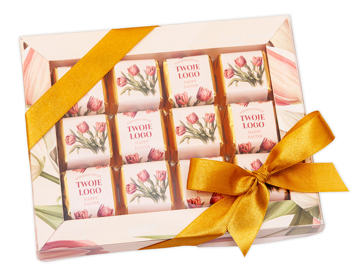Ekskluzywna bombonierka BELLA z logo firmy – czekoladki w kolorowych owijkach