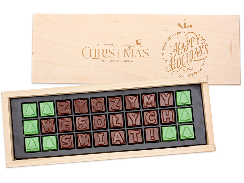 Czekoladowe życzenia z choinkami na złotej wyprasce – firmowy prezent na Boże Narodzenie