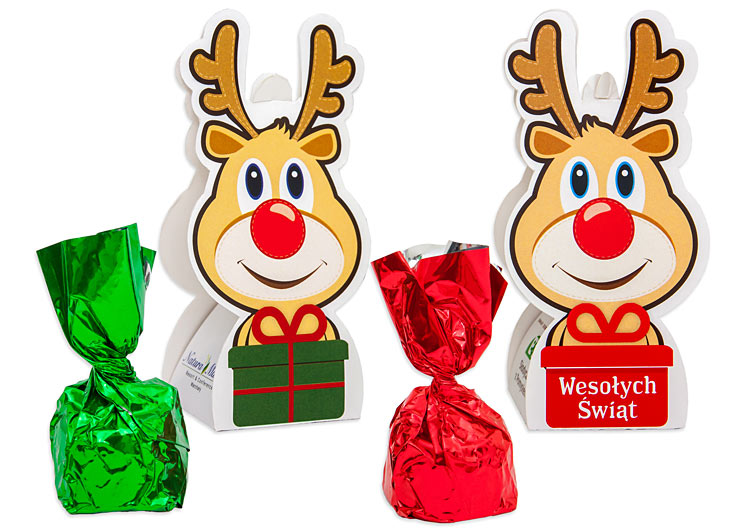 Personalizowana czekoladka w pudełeczku renifer z nadrukiem reklamowym