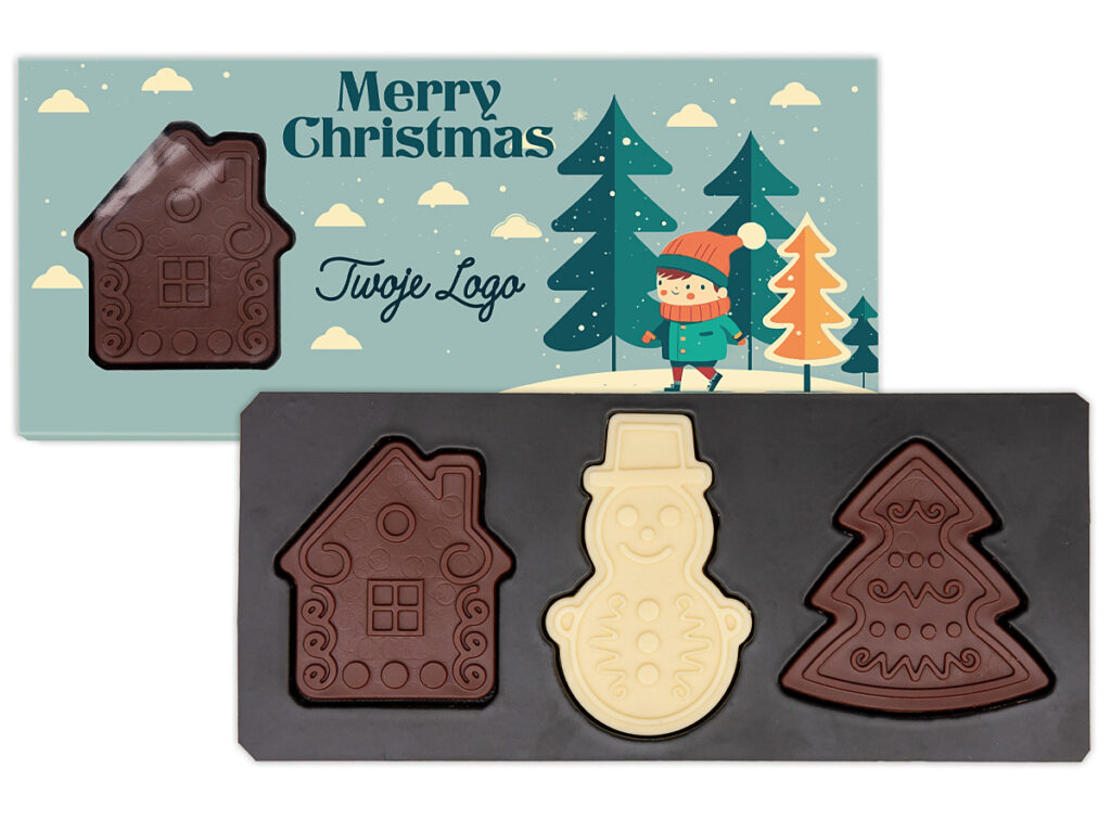 Elegancki świąteczny zestaw czekoladek belgijskich w zimowych kształtach z personalizacją nadruku na kartonie