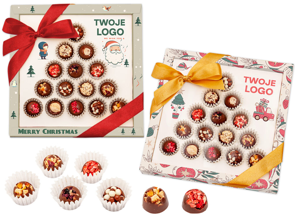 Czekoladki reklamowe w eleganckim pudełku z transparentnym wieczkiem i satynową wstążką