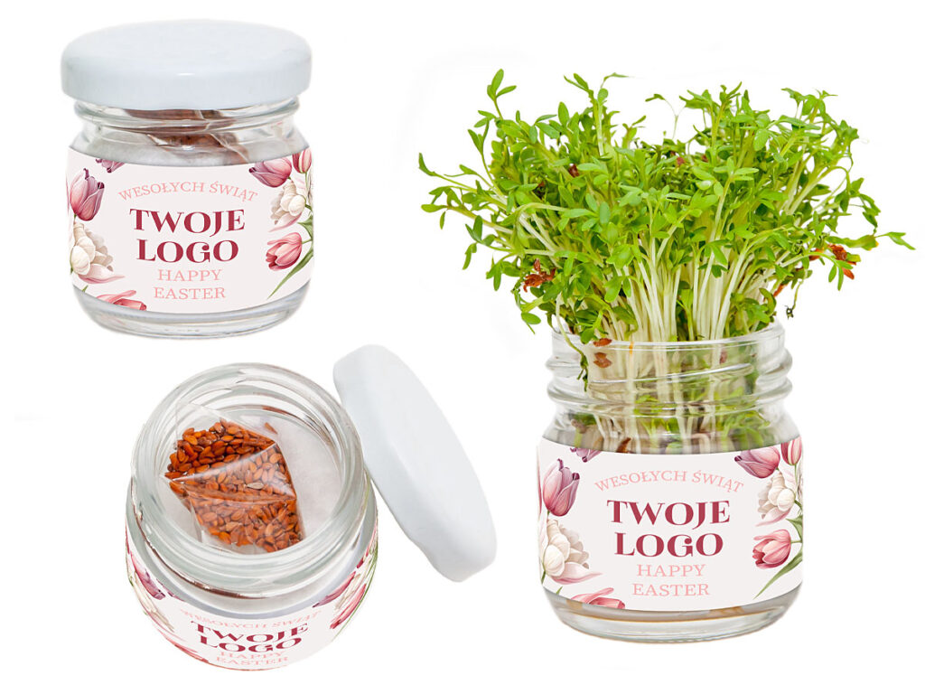 Słoiczek z rzeżuchą do samodzielnego hodowania z firmowym nadrukiem