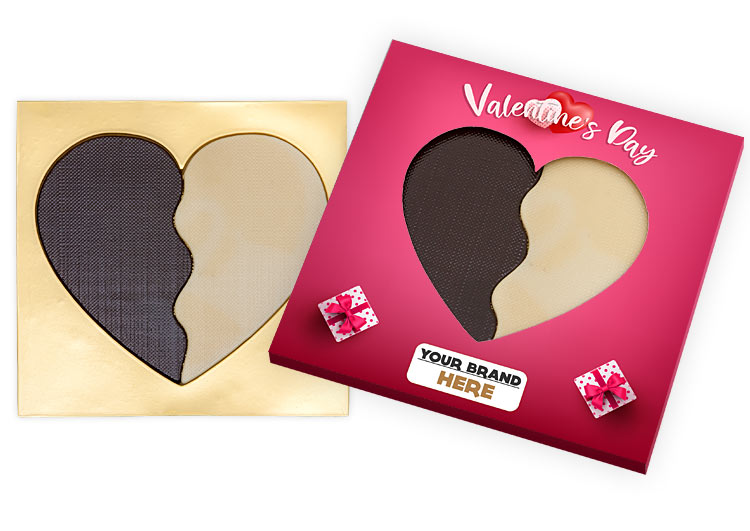 Upominek firmowy – dwuczęściowe serce czekoladowe z nadrukiem reklamowym i logo klienta