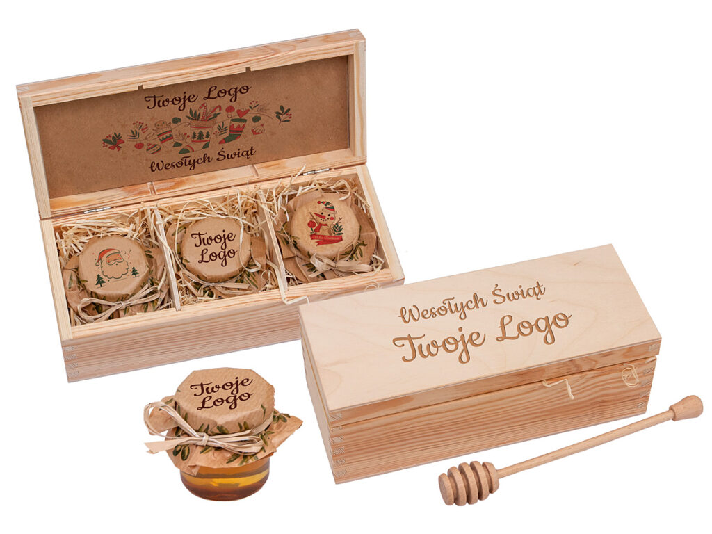 Personalizowany zestaw miodów w słoiczkach z kraftową etykietą i brandingiem klienta