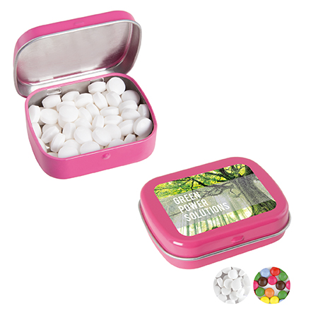 Prostokątna puszka z miętowymi pastylkami i logo firmy