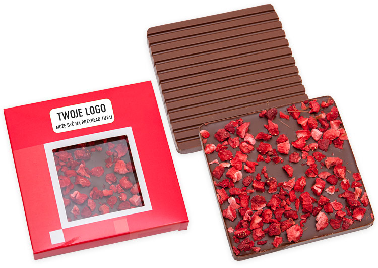Czekolada Bakallino w przezroczystej torebce, kartonowe pudełko z nadrukiem reklamowym i tłoczonym logo